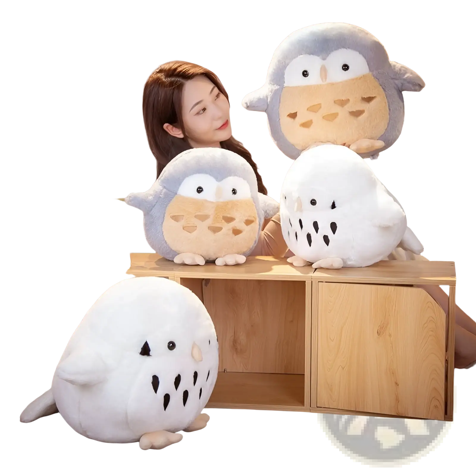 Owl plush stuffed animal round soft doll toy in gray and white with embroidered facial features and plush material