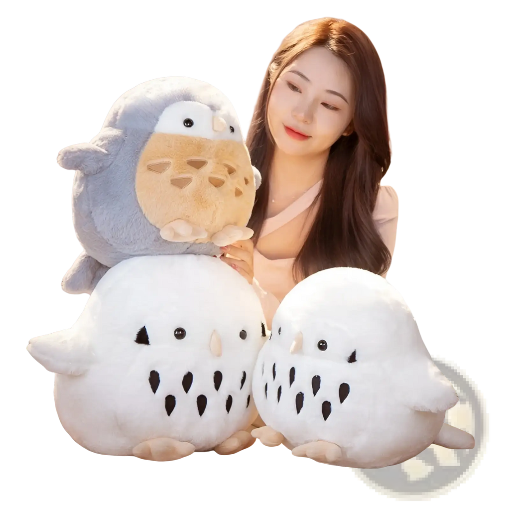 Owl plush stuffed animal soft doll toy featuring gray and white plush fabric with black eyes and textured belly patterns