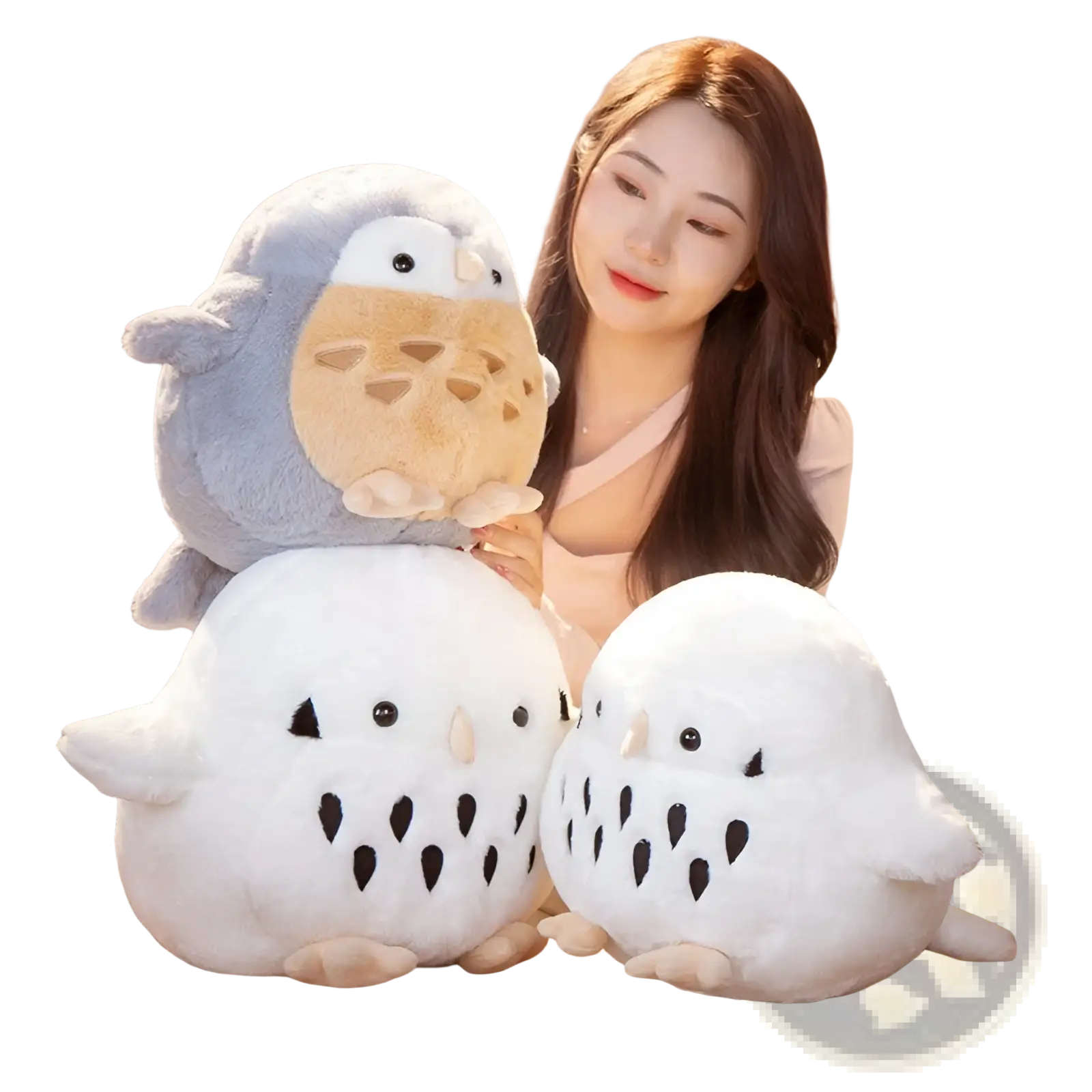 Owl plush stuffed animal soft doll toy featuring gray and white plush fabric with black eyes and textured belly patterns