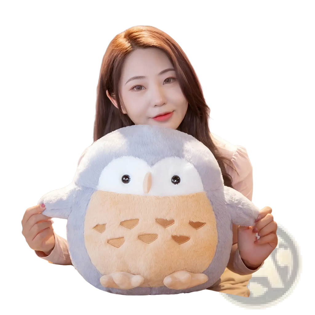 Owl plush stuffed animal round soft doll toy with a light gray body and tan belly featuring heart-patterned cutouts