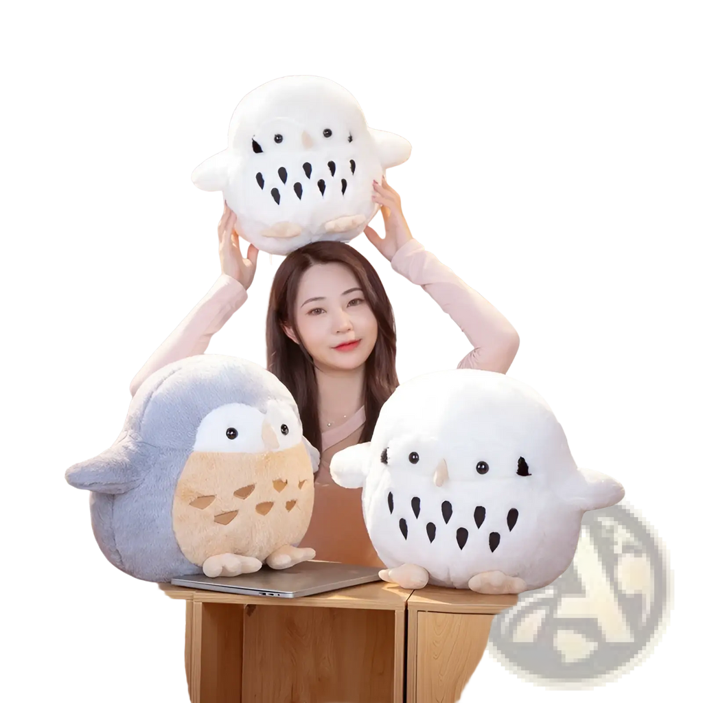 White plush owl stuffed animal with black eye patches and tan feet soft round doll toy for cuddling