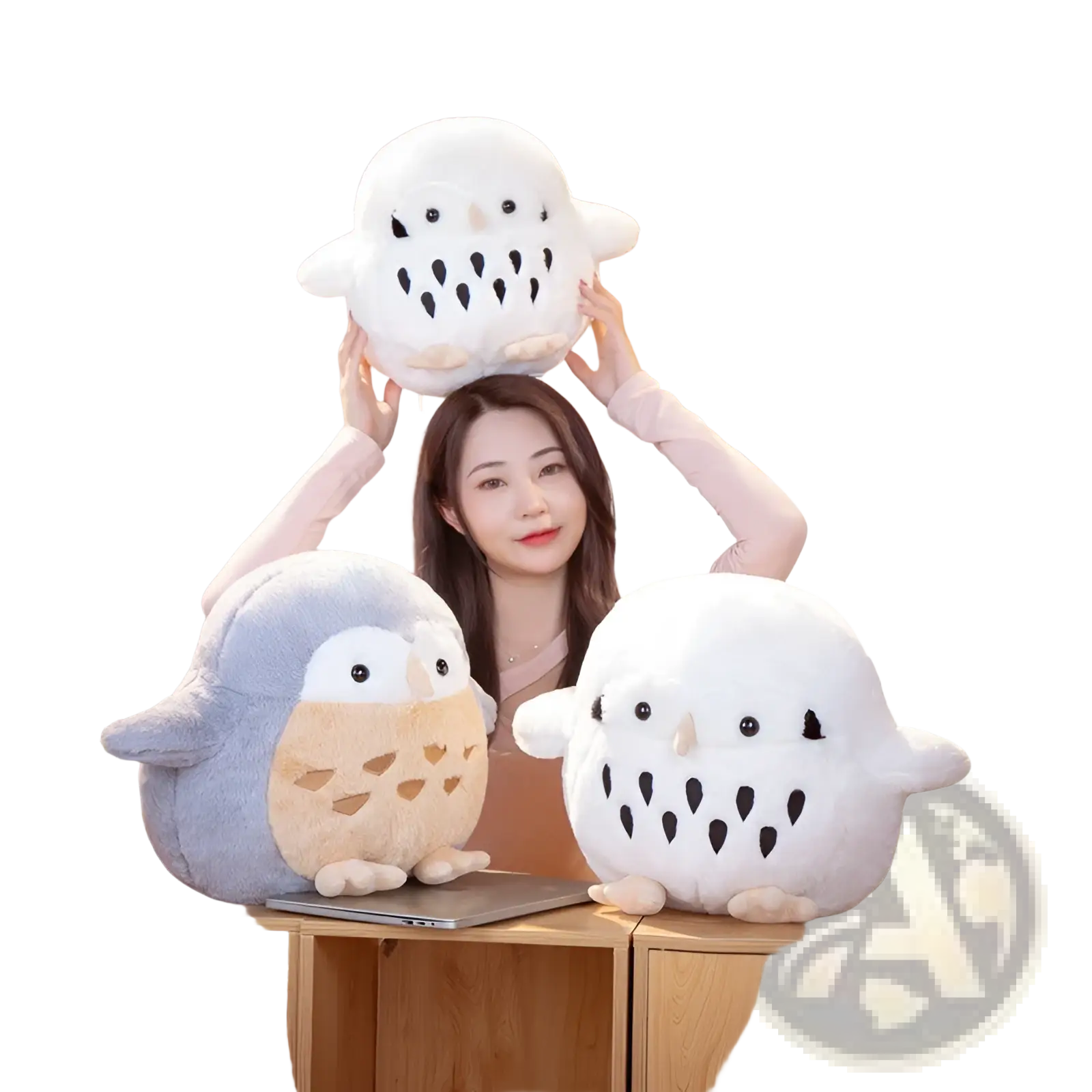 White plush owl stuffed animal with black eye patches and tan feet soft round doll toy for cuddling