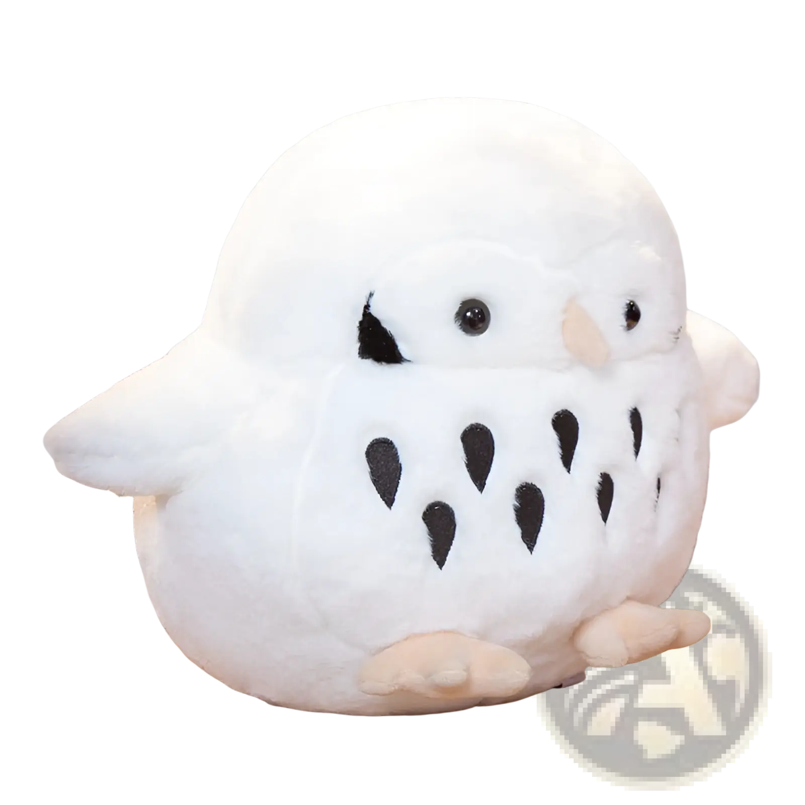 White plush owl stuffed animal with black teardrop markings tan beak and feet soft round doll toy