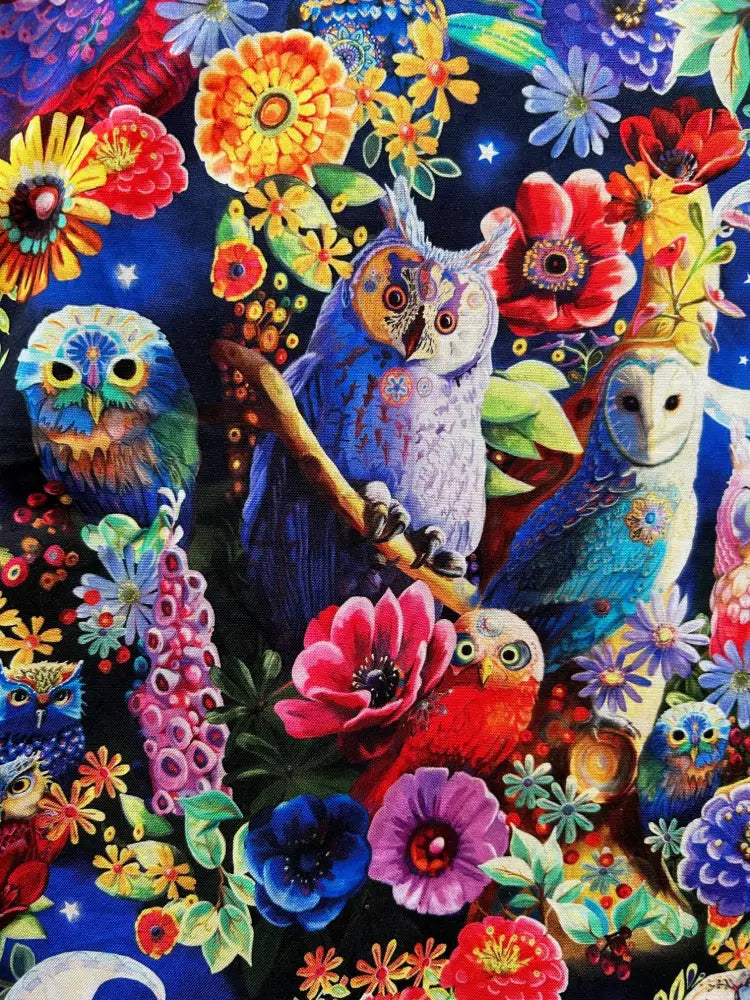 Vibrant owl and floral print sleeveless skater dress with multicolored intricate patterns on dark blue fabric
