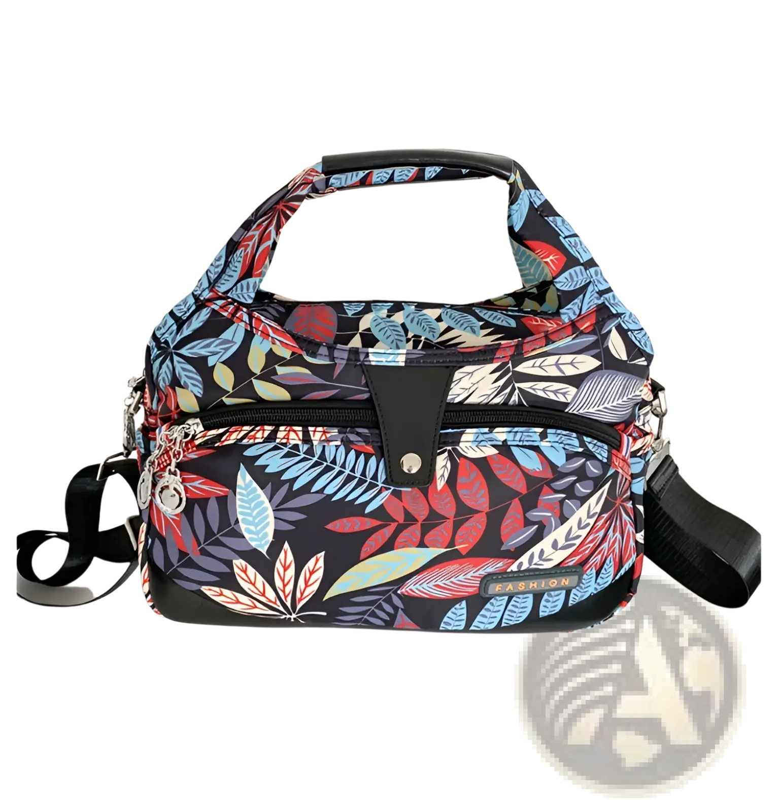 Oxford cloth floral messenger bag with a black base and vibrant red blue and green leaf-patterned foliage design