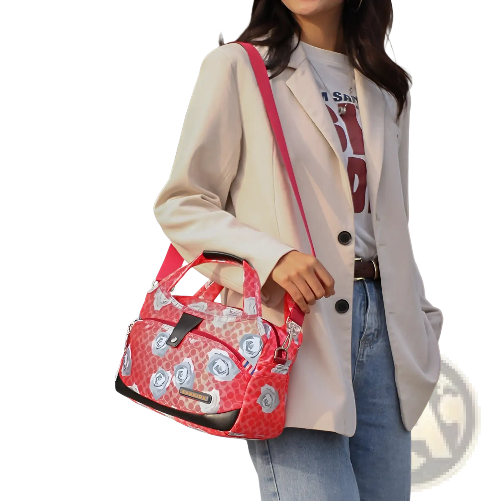 A vibrant red oxford cloth floral messenger bag with silver roses and black accents designed for casual wear
