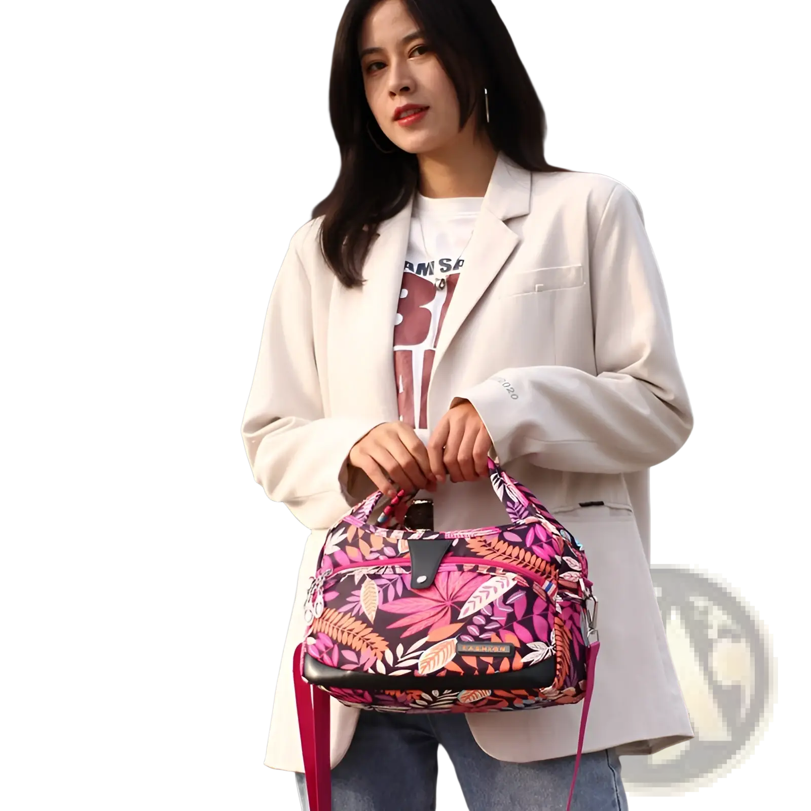 Oxford cloth floral messenger bag featuring a vibrant pink and black floral pattern with a sleek modern design