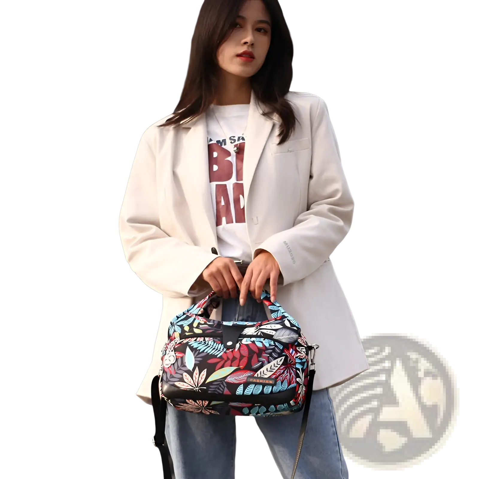 Oxford cloth floral messenger bag with vibrant blue red teal and black feather and leaf pattern retro shoulder purse