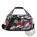 Oxford cloth floral messenger bag with vibrant red blue and green leaf pattern on black base for retro shoulder use