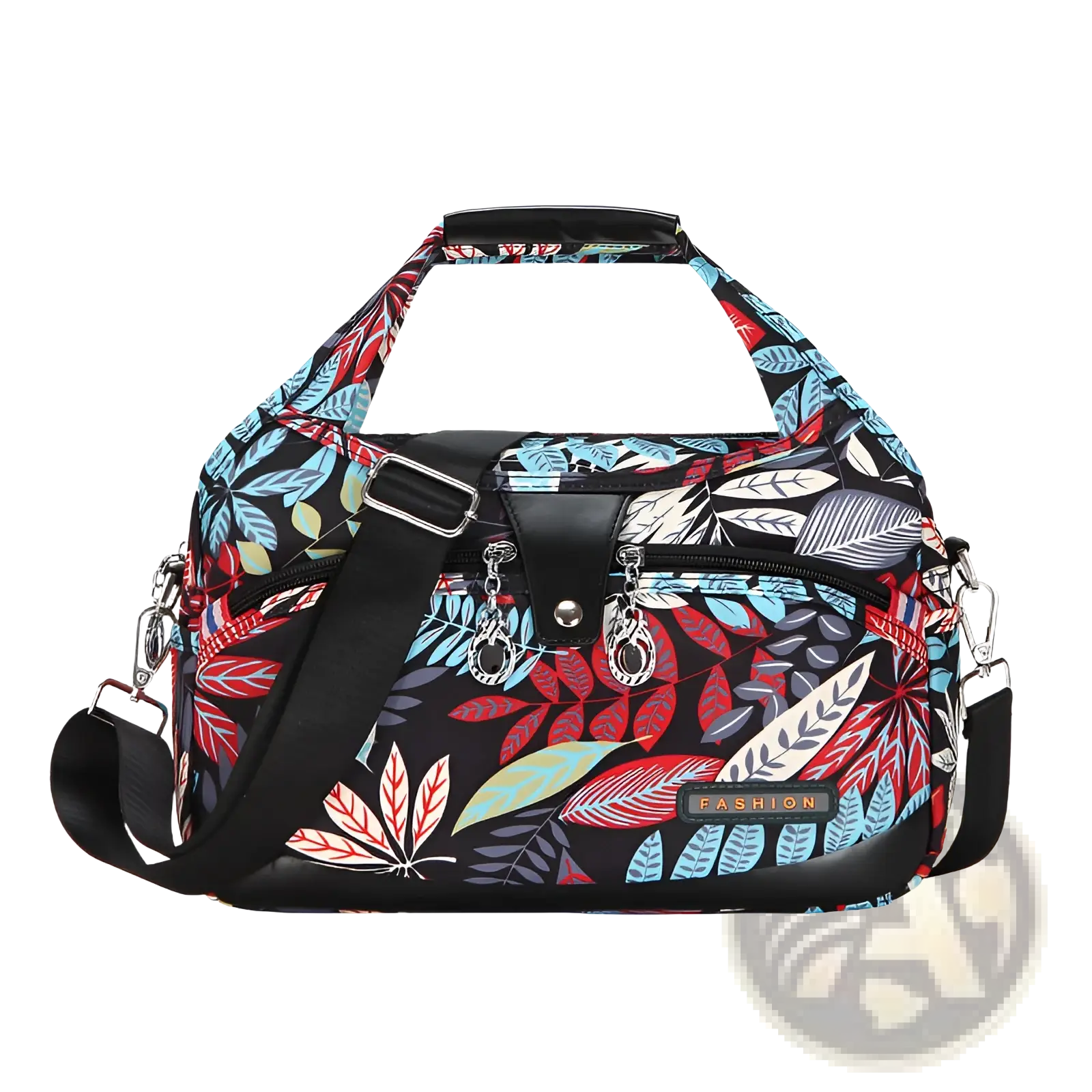 Oxford cloth floral messenger bag with vibrant red blue and green leaf pattern on black base for retro shoulder use