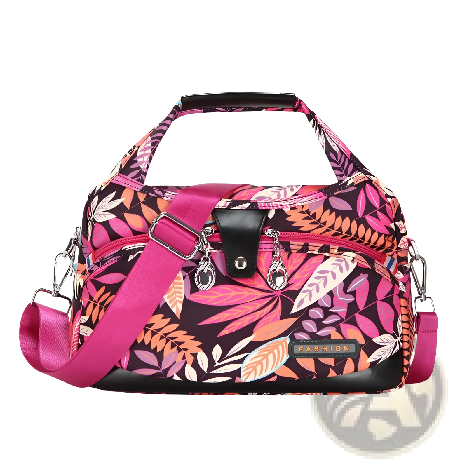Oxford cloth floral messenger bag with vibrant pink and black leaf pattern detachable strap and metallic hardware accents