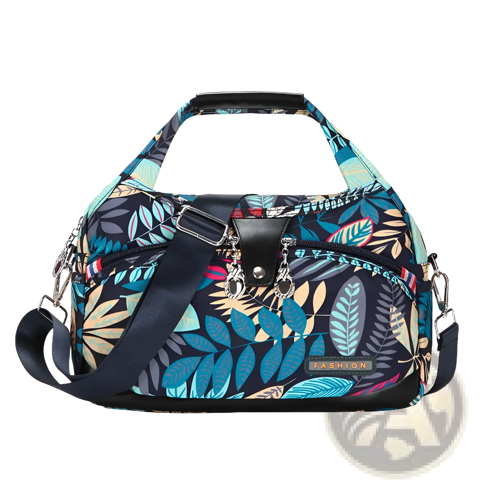 Oxford cloth floral messenger bag navy blue with vibrant tropical leaf pattern and black leather accents