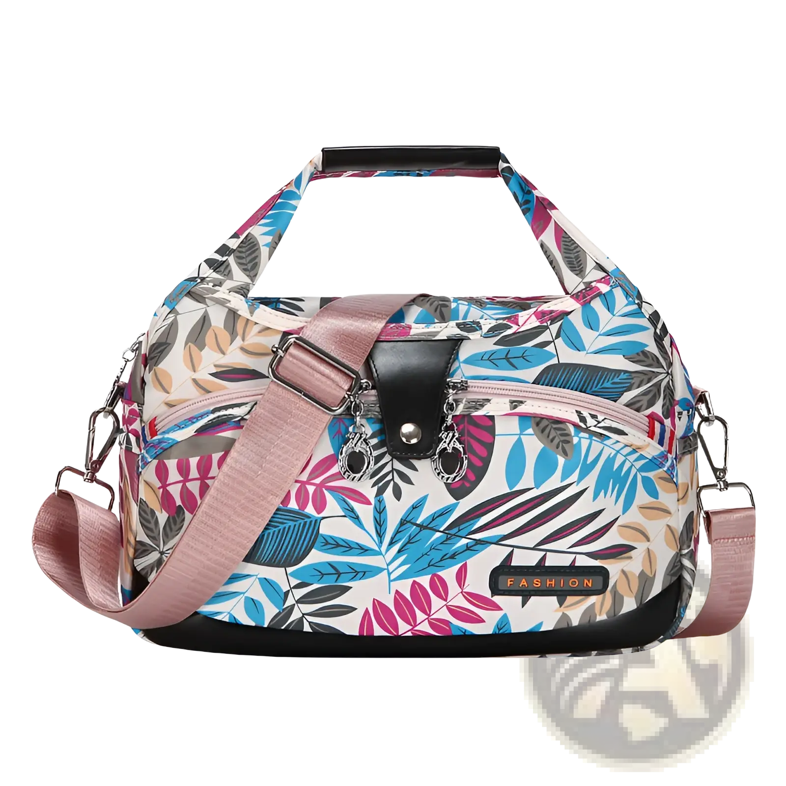 Oxford cloth floral messenger bag with colorful leaf pattern, pink straps, black accents, and retro shoulder design