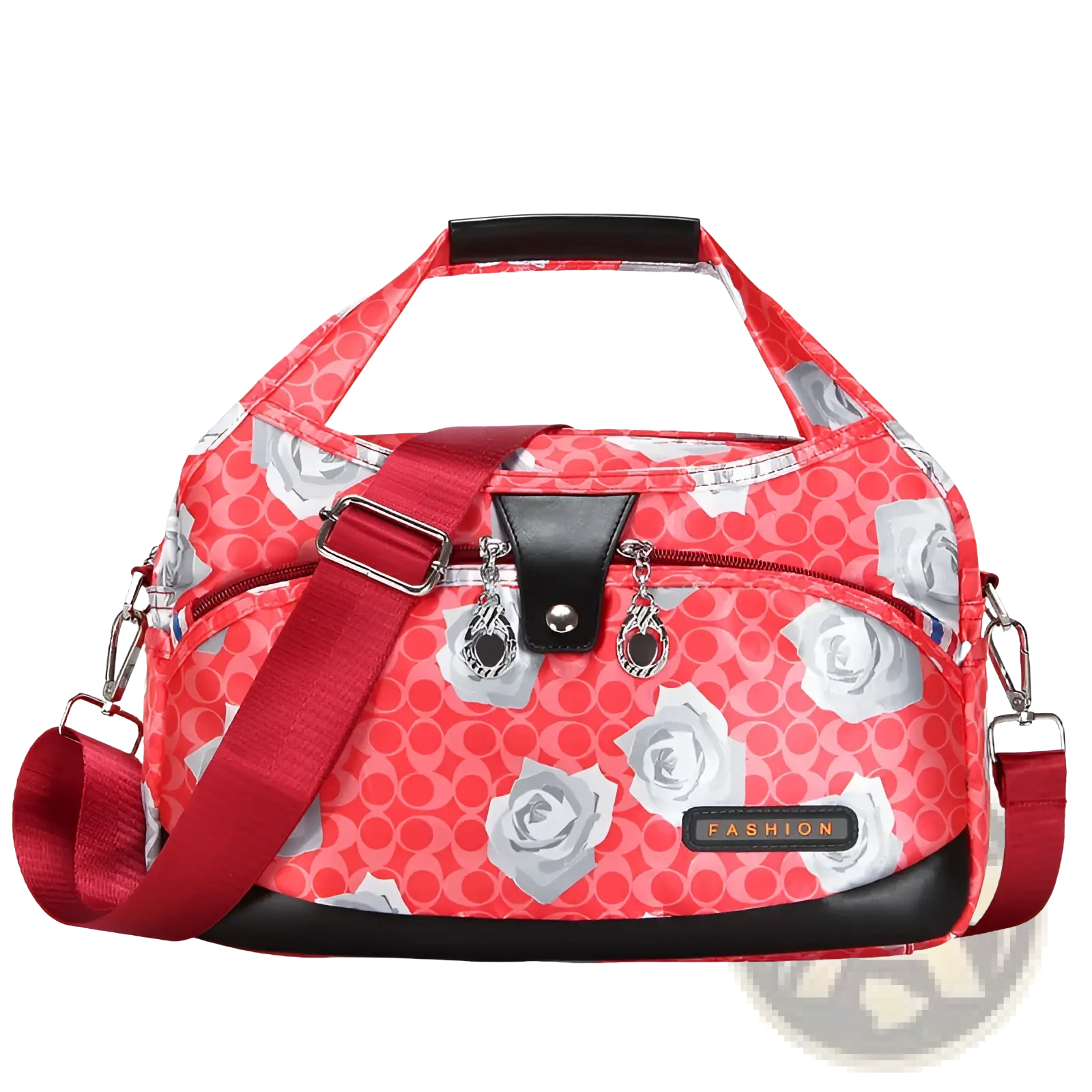 Oxford cloth floral messenger bag with red and white rose pattern and black accents in a retro shoulder purse design