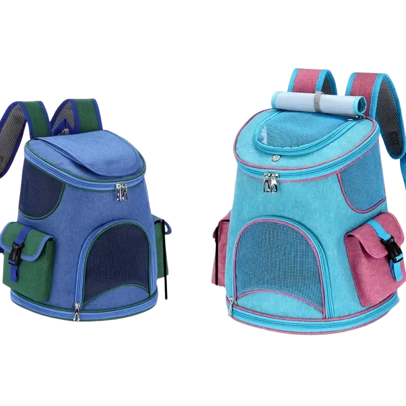 Blue and green oxford cloth pet travel backpack with mesh panels and pink accents for hiking pet supplies