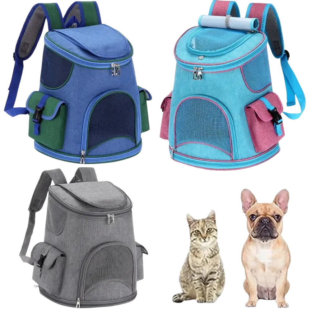 Oxford cloth pet travel backpack in blue and green with mesh panels and adjustable straps for pet supplies and hiking