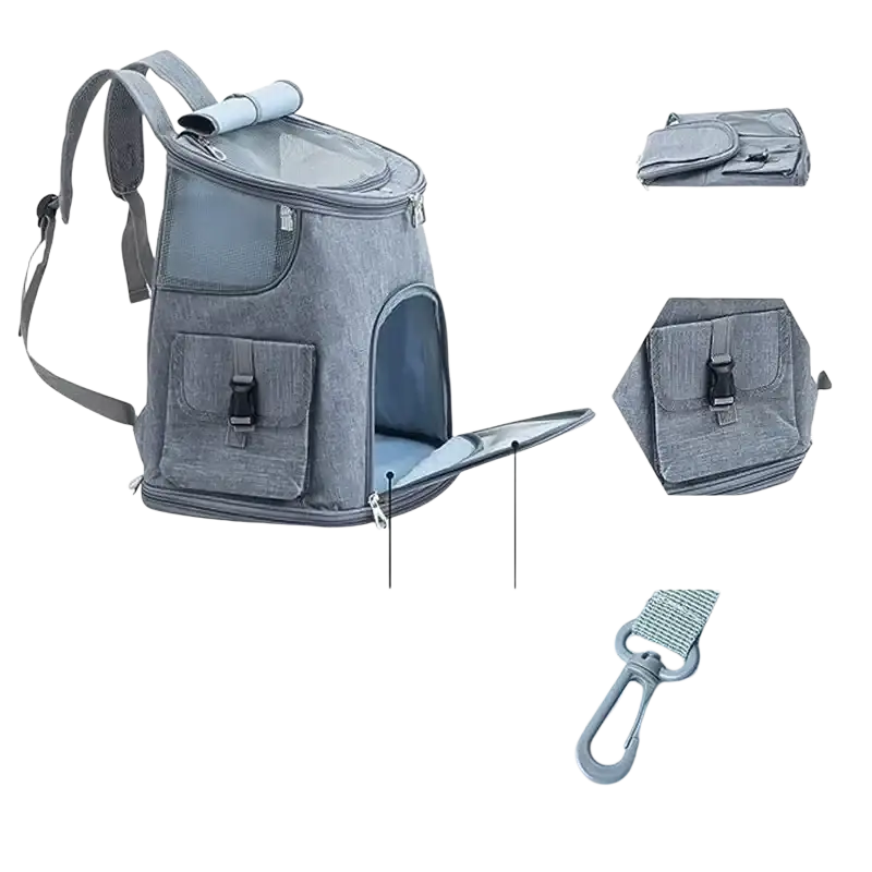 Gray oxford cloth pet supplies travel backpack with mesh sides transparent top and side storage pockets for hiking