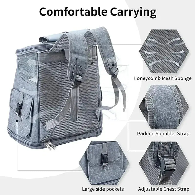 Gray oxford cloth pet supplies travel backpack with padded shoulder straps and adjustable chest strap for hiking
