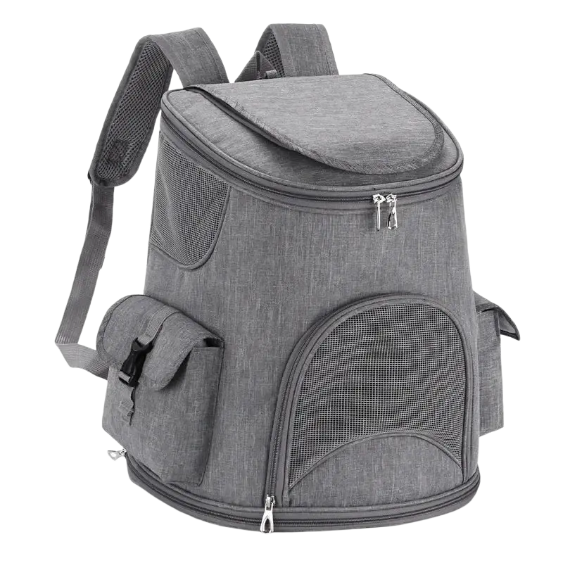 Gray textured oxford cloth pet travel backpack with mesh panels and silver zippers for hiking pet supplies