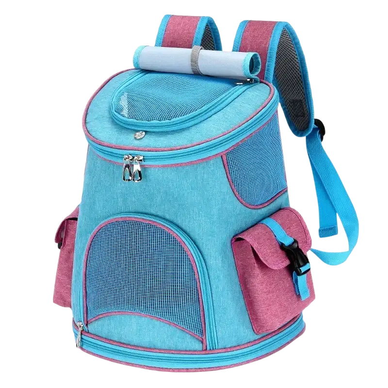 Turquoise and pink oxford cloth pet travel backpack with mesh panels and adjustable straps for hiking pet supplies