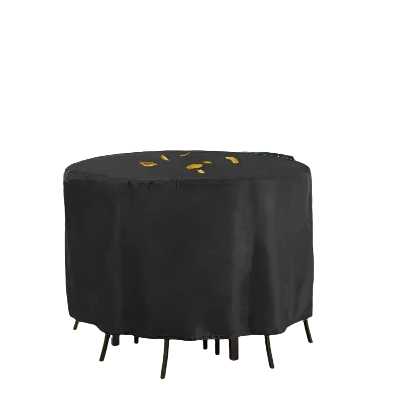 Black outdoor oxford cloth round table cover with subtle gold leaf pattern protective shield