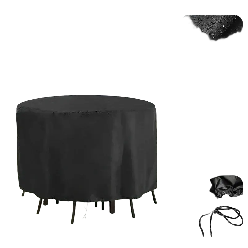 Black oxford cloth round table cover with water-resistant fabric and drawstring closure for outdoor protection