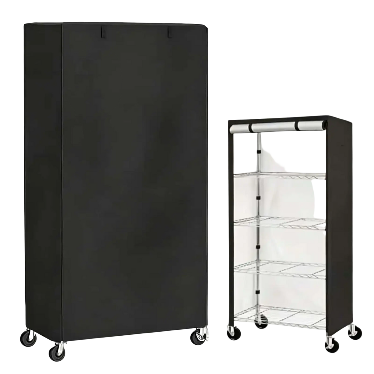 Black Oxford cloth protective cover for wheeled metal shelving unit designed to shield and extend shelf lifespan