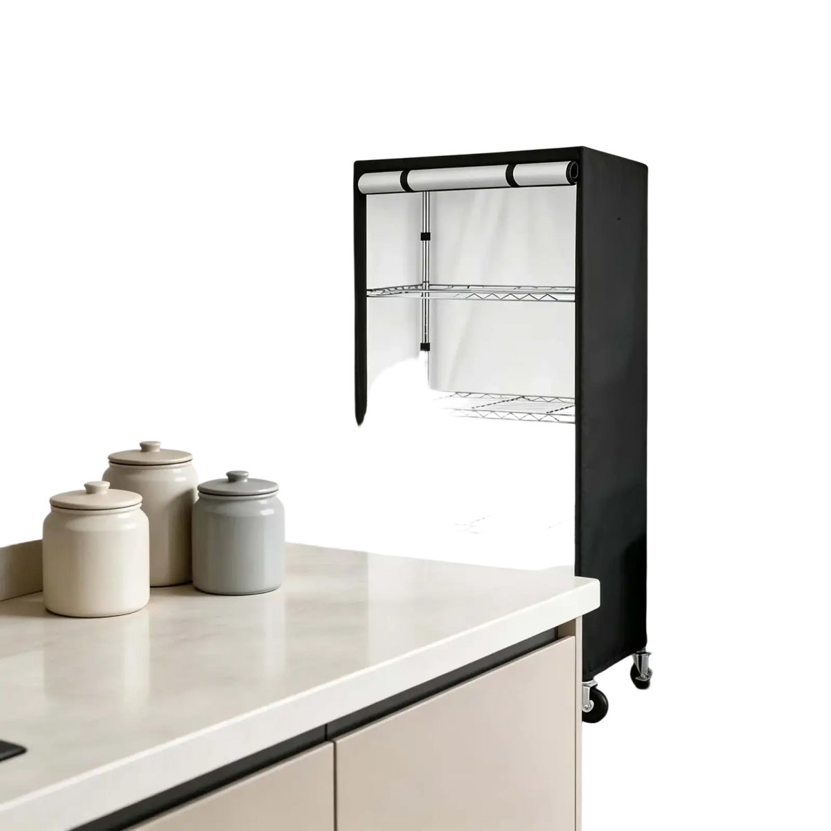 Black fabric-covered metal shelving unit with rolling wheels featuring oxford cloth protective cover