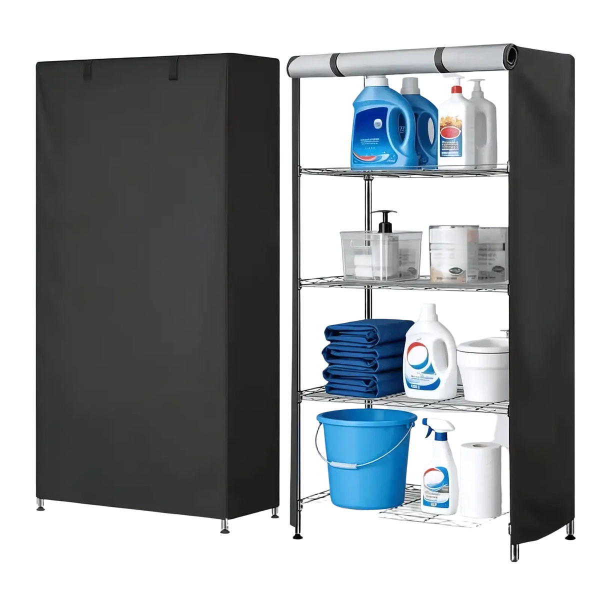 Black fabric-covered metal shelving unit with four wire shelves and roll-up top bar for protective Oxford cloth cover