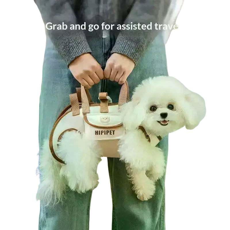 Beige oxford cloth small dog carrier backpack with tan straps and a fluffy white dog peeking out front opening