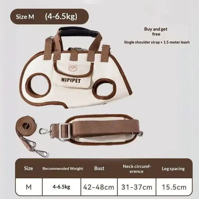 White and brown oxford cloth small dog carrier backpack with pet harness featuring a cute cat face logo on front pocket