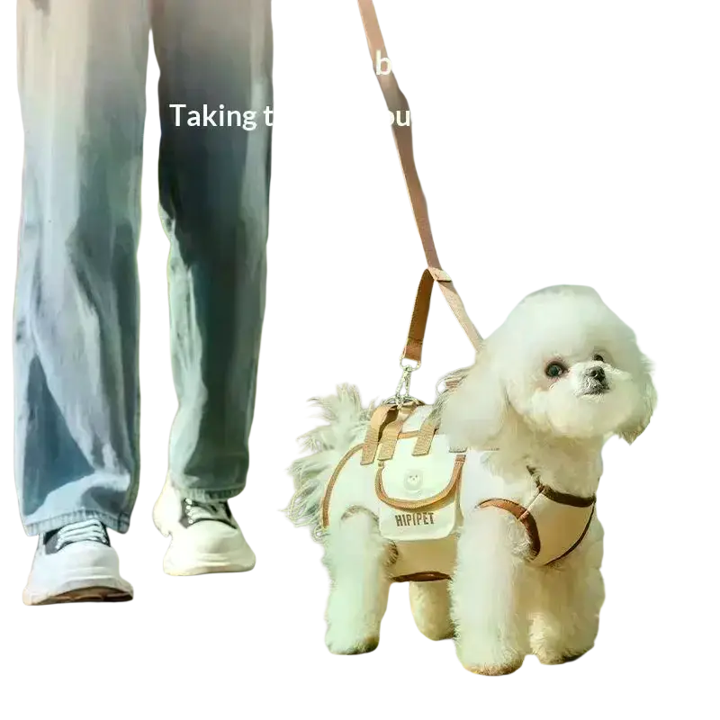 White and tan leather dog harness with hipipet branding for oxford cloth small dog carrier backpack use
