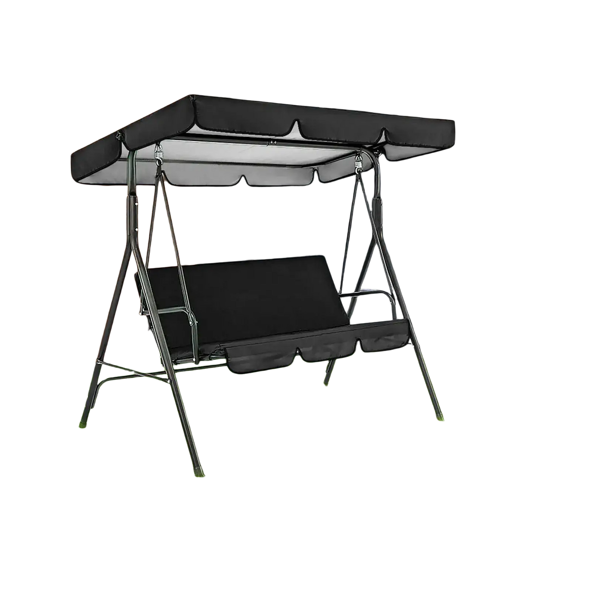 Black oxford cloth swing canopy and seat cover set on sturdy metal frame for 3 seater porch swing