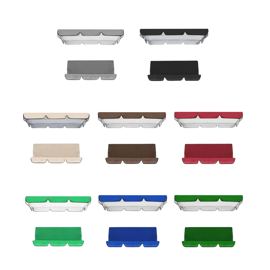 Clear plastic and colored acrylic phone case covers in assorted hues shown alongside oxford cloth porch swing canopy and seat cover set for 3 seater