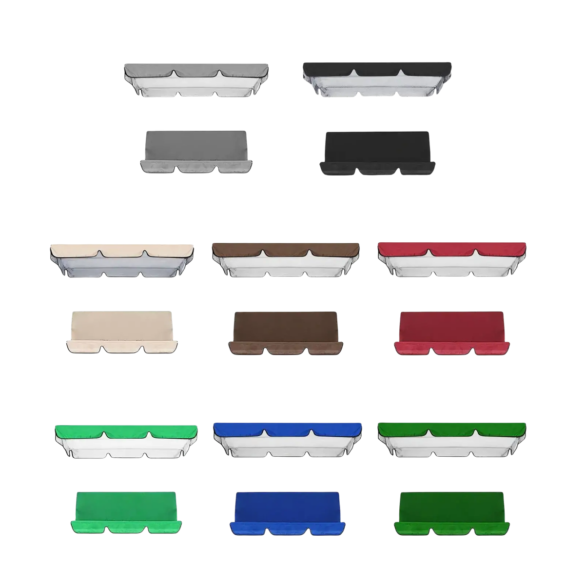 Clear plastic and colored acrylic phone case covers in assorted hues shown alongside oxford cloth porch swing canopy and seat cover set for 3 seater