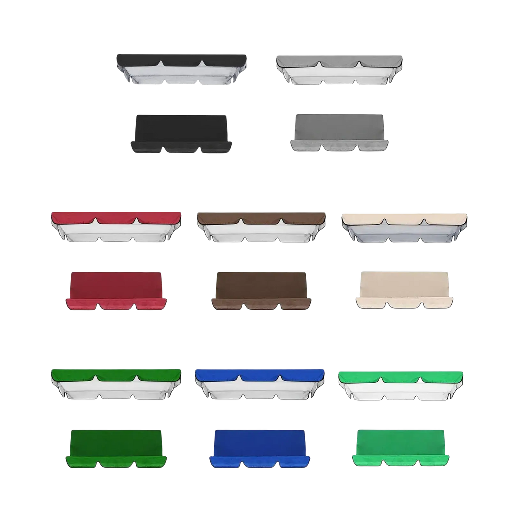 Clear plastic phone case displayed with color options alongside oxford cloth porch swing canopy and seat cover set for 3 seater