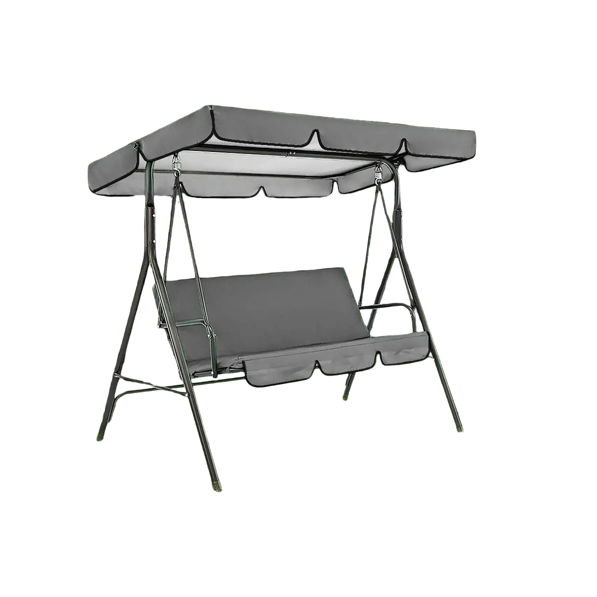 Dark gray oxford cloth swing canopy and seat cover set for 3 seater with matching canopy on black metal frame