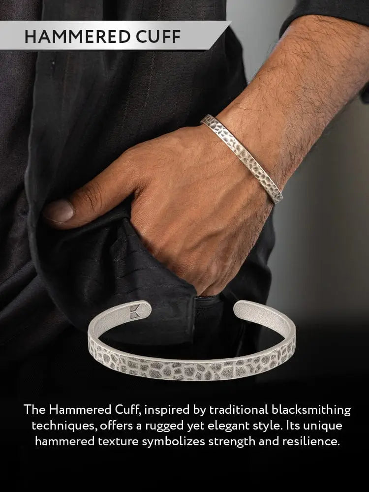 Oxidized hammered silver stainless steel cuff bracelet with textured rugged surface and open-ended design
