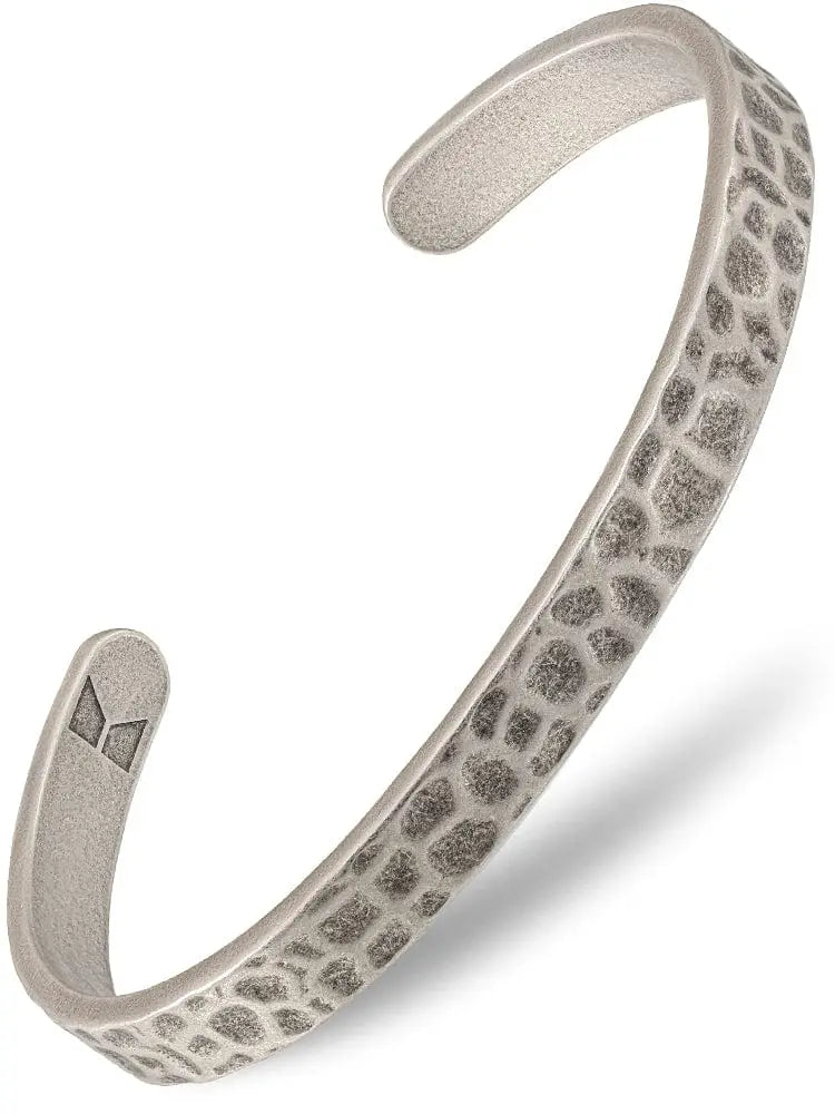 Oxidized hammered silver stainless steel cuff bracelet with silver-toned open design and textured reptile skin pattern