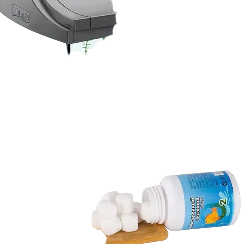 White cylindrical bottle of oxygenation tablets with blue label and goldfish graphic for fish tank water quality on wooden tray