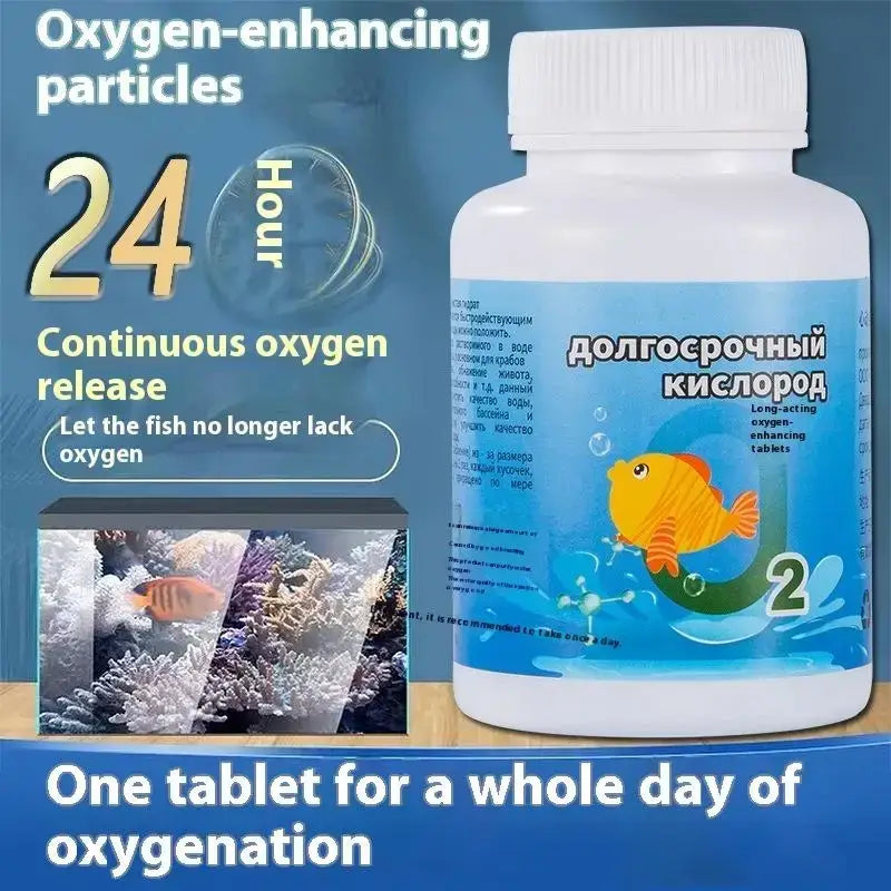 White plastic bottle with blue label containing long-acting oxygenation tablets to improve fish tank water quality