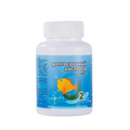 A white plastic bottle with a blue label showing an orange fish and green 2 labeled долгосрочный кислород oxygenation tablets for fish tank water quality