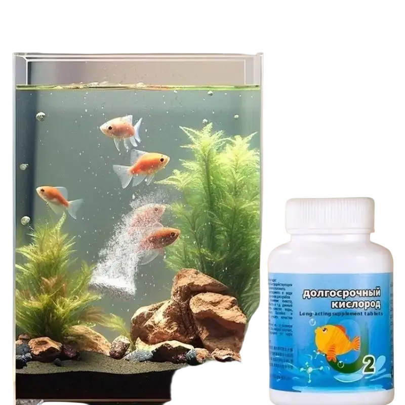 White plastic bottle with blue label showing cartoon fish and cyrillic text for oxygenation tablets to improve fish tank water quality