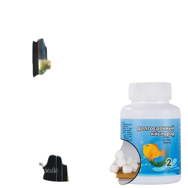 White plastic bottle with blue label and cartoon fish containing oxygenation tablets for fish tank water quality improvement