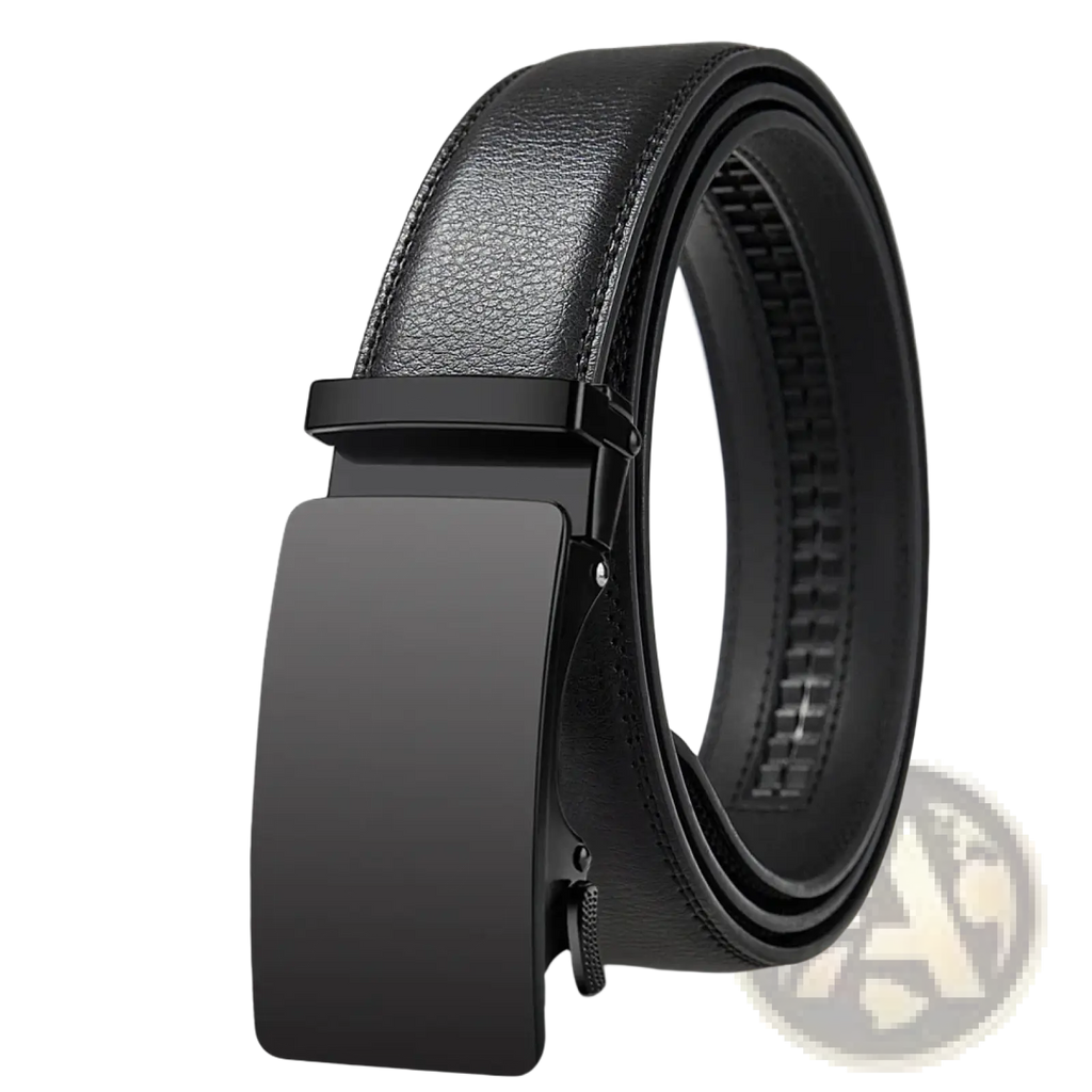 Oyifan ratchet leather belt for men in black with a sleek matte-finish automatic buckle and smooth leather strap