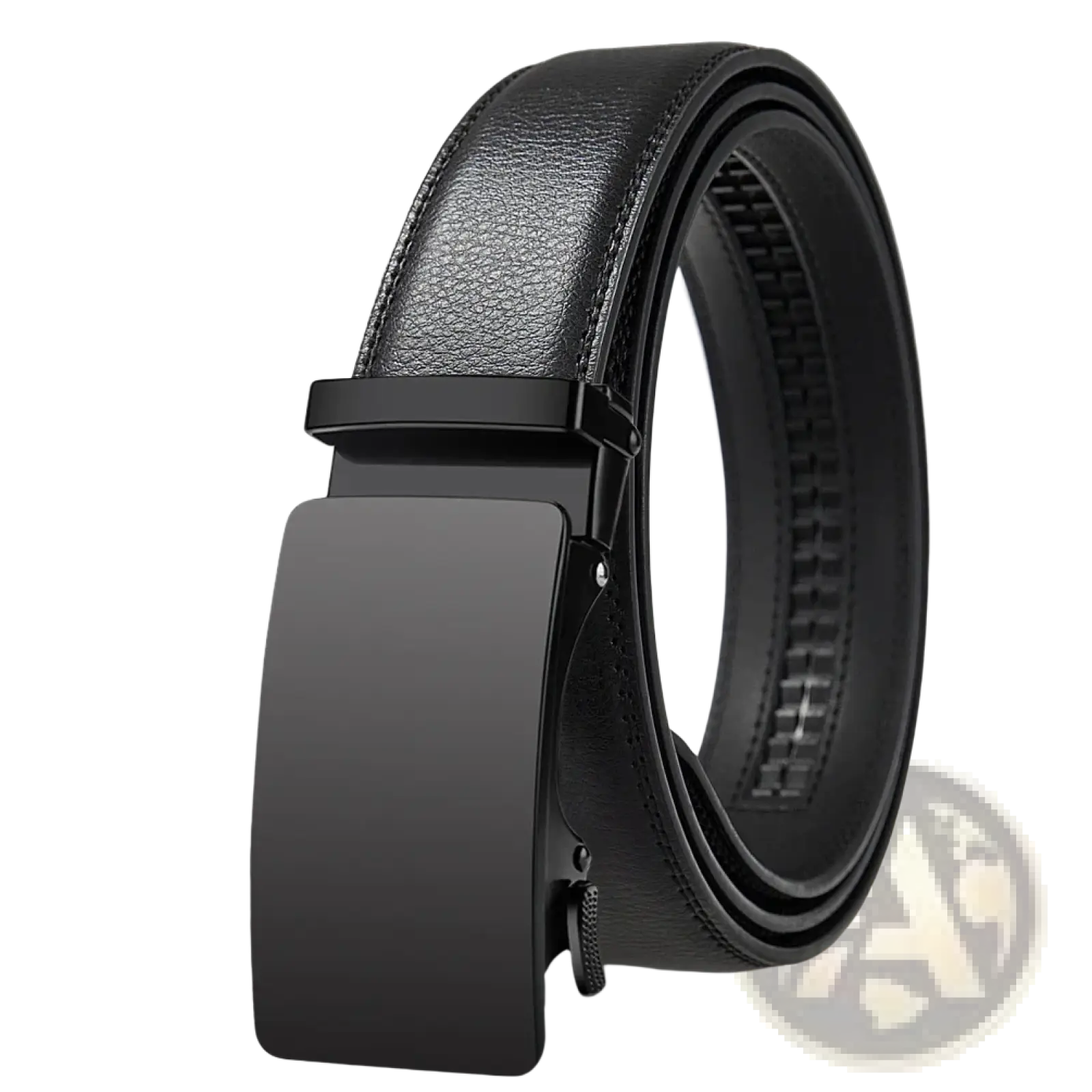 Oyifan ratchet leather belt for men in black with a sleek matte-finish automatic buckle and smooth leather strap