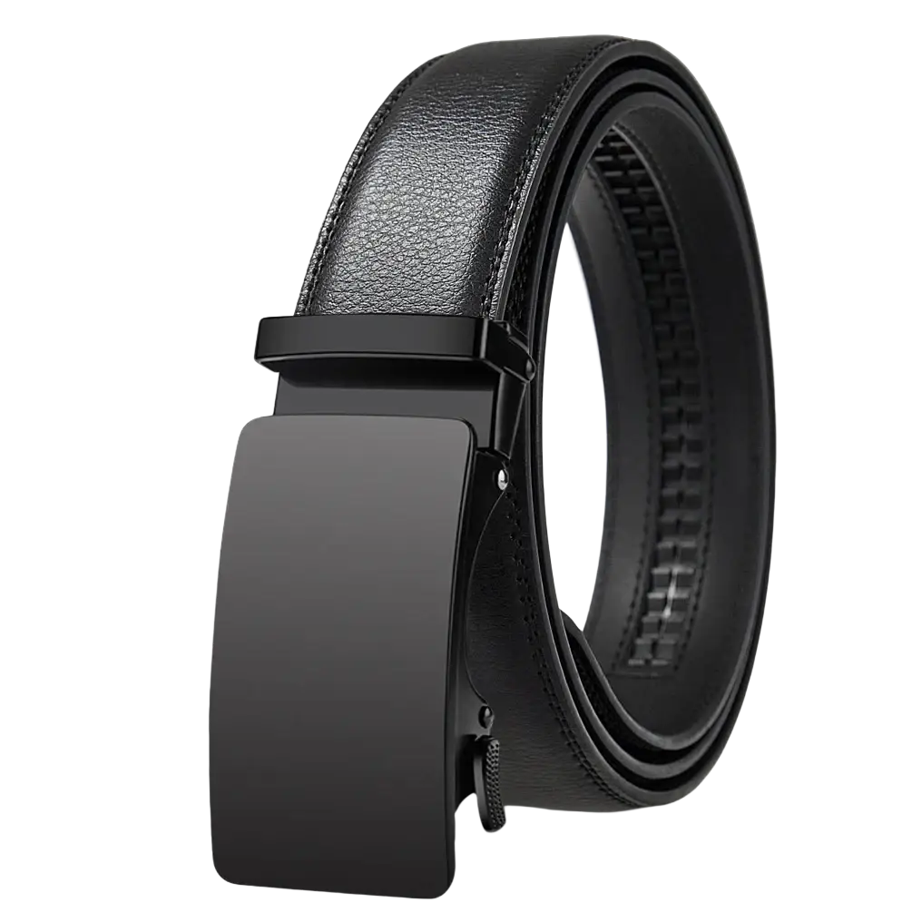 Oyifan ratchet leather belt for men in black with a sleek matte-finish automatic buckle and smooth leather strap