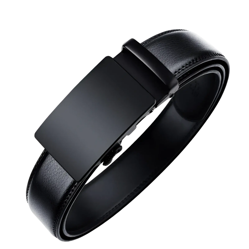 Black oyifan ratchet leather belt for men with sleek matte-finish metal buckle and stitched leather strap