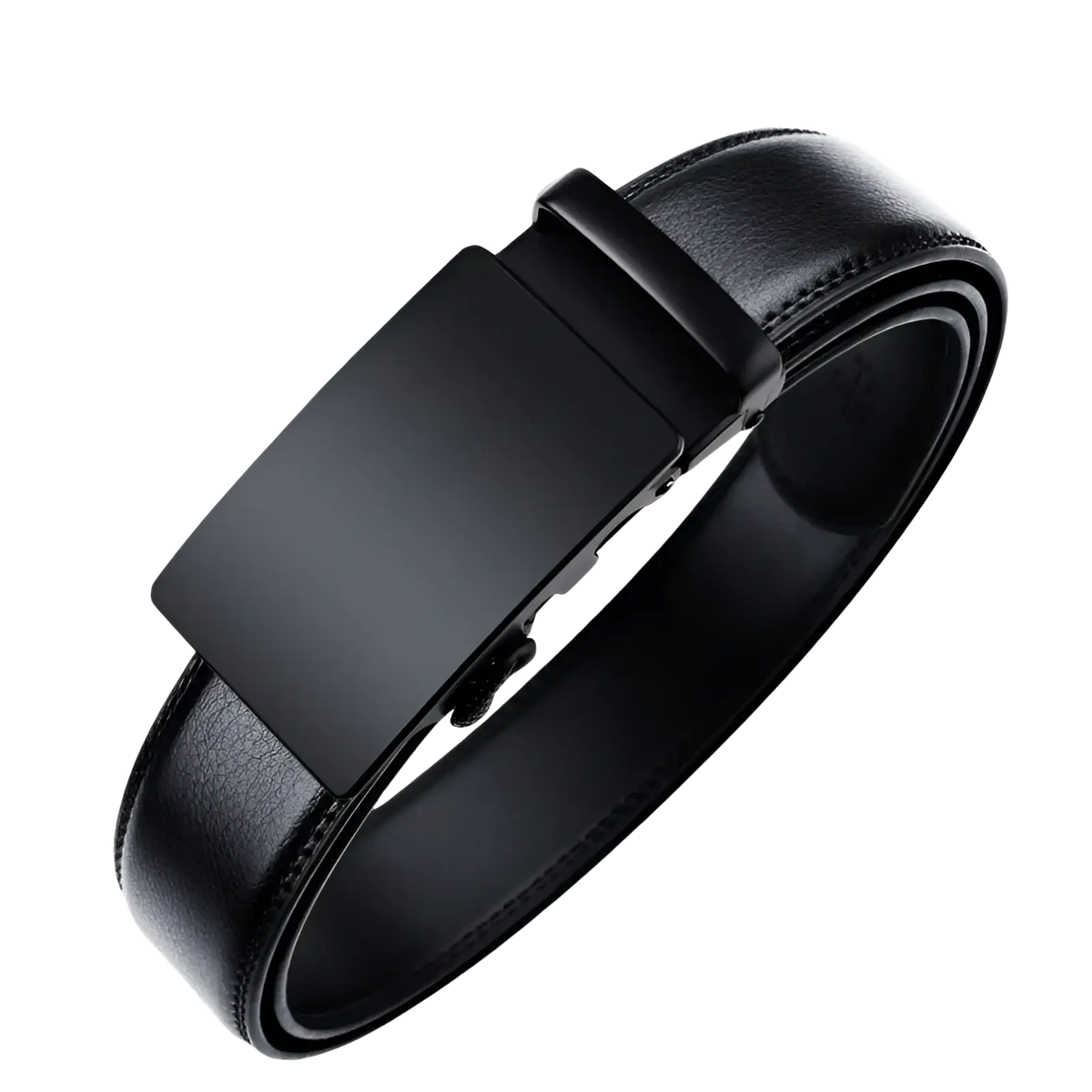 Black oyifan ratchet leather belt for men with sleek matte-finish metal buckle and stitched leather strap
