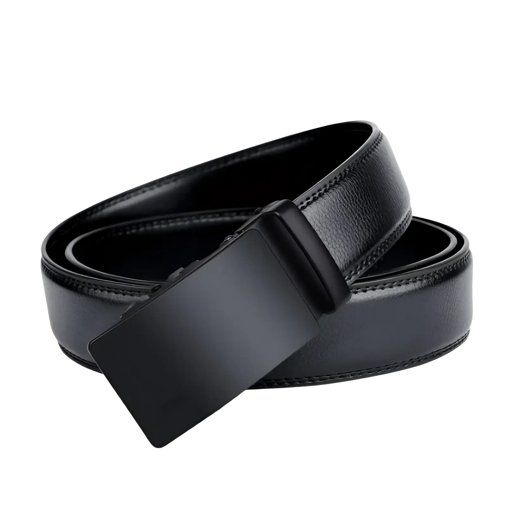 Black Oyifan ratchet leather belt for men with matte-finish rectangular buckle and stitched leather edges